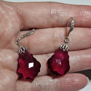 Vtg Sterling Silver Earrings Crystal Ruby Baroque Clear Crystal Accents